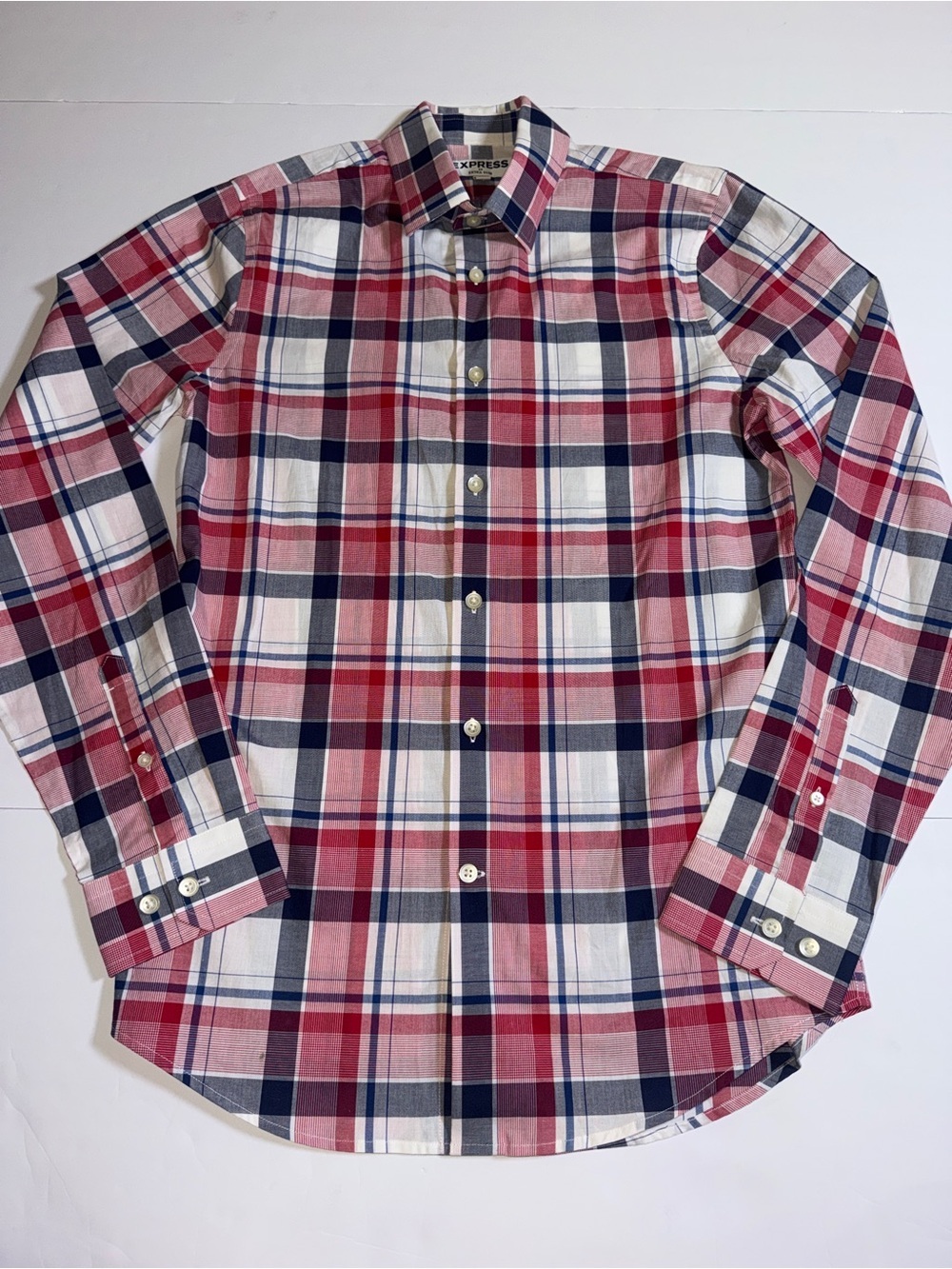 Express Men’s Red, Navy & White Plaid Button-Down Shirt